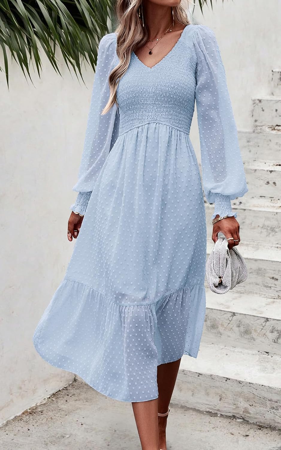 PRETTYGARDEN Women's Spring Dresses Long Sleeve V Neck Swiss Dot Empire Waist Chiffon Dress Ruffle Smocked Midi Dresses - Image 3