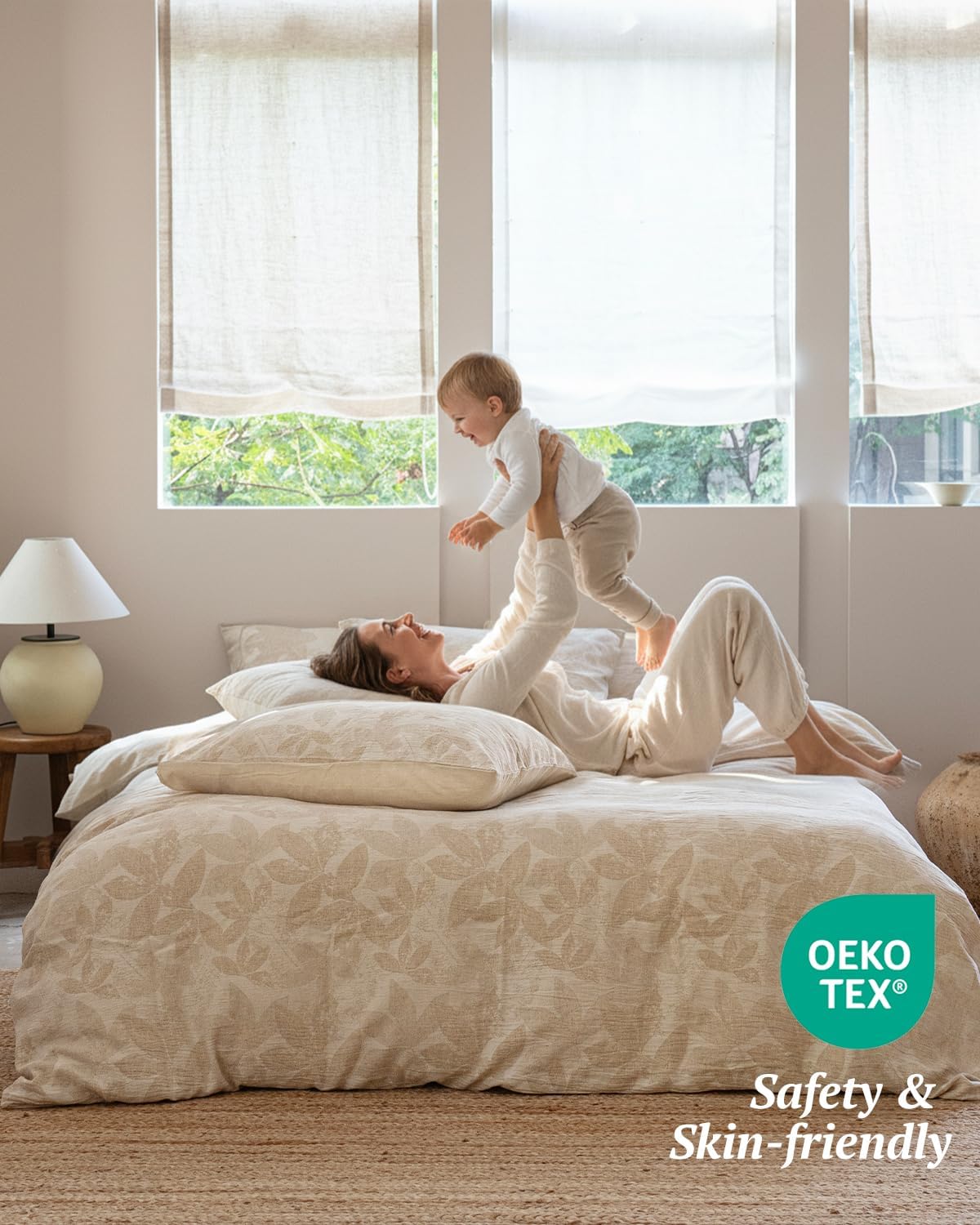 MILDLY Linen Cotton Duvet Cover - Jacquard Textured Leaves Comforter Cover Set 3pcs with Zipper Closure Breathable & Minimalist for All Season - Image 4