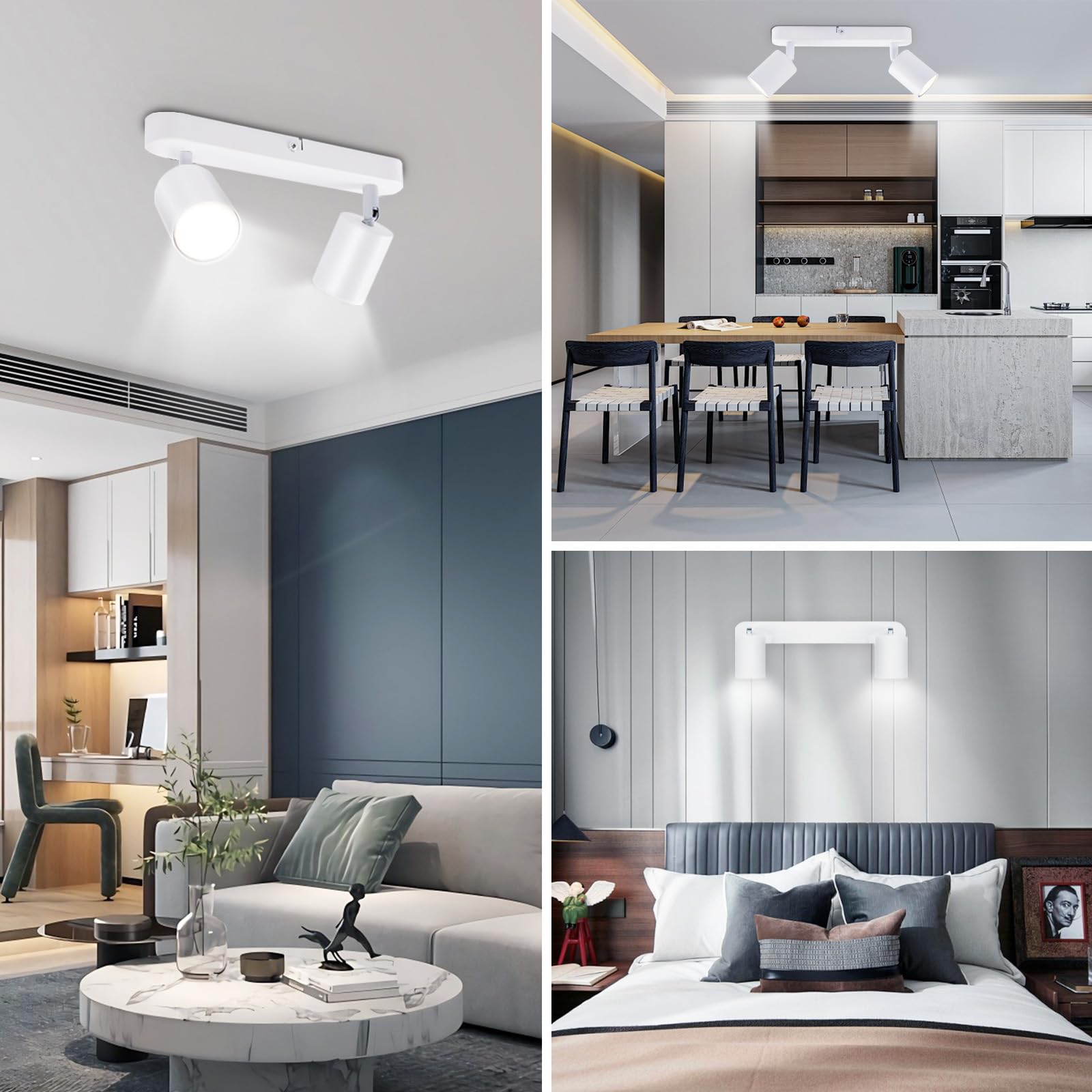 Barra de Luz de Techo 2 Focos, Foco Ajustable GU10 Metal Blanco, Lámpara de Techo Moderna Industrial para Cocina Dormitorio Salón Pasillo Comedor (Bombillas No Incluidas)