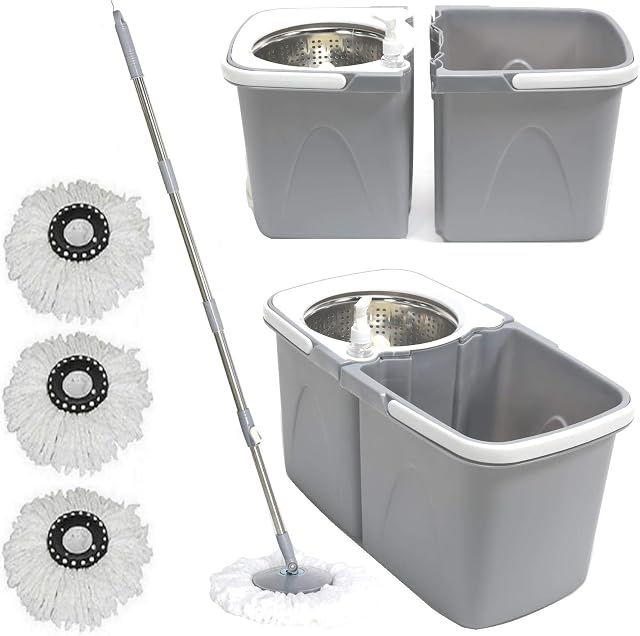 Gr8 Home Grey Space Saving 360° Dual Duo Floor Spin Mop Dispenser Bucket Set Spinning Rotating with 3 Cleaning Dry Heads