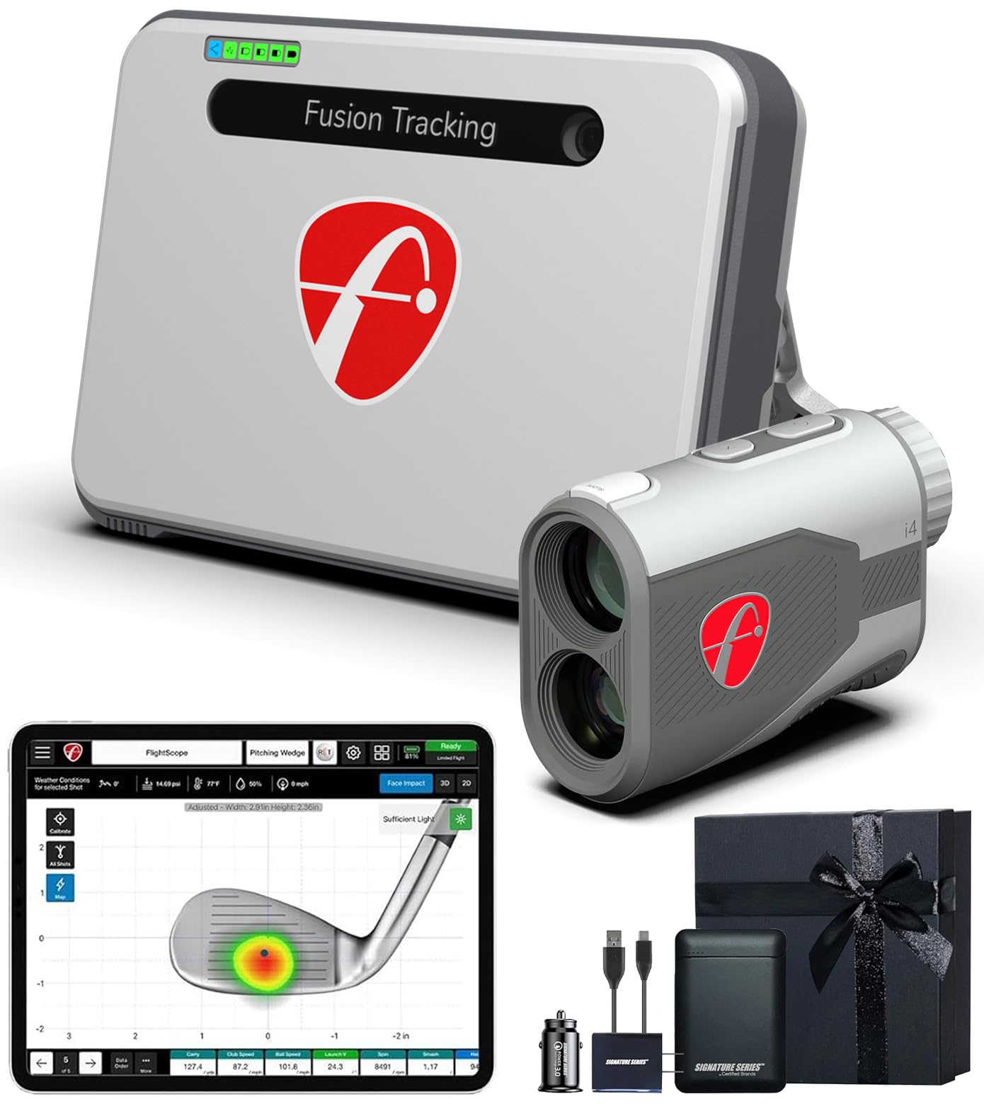 FlightScope Mevo+ GPS Golf Monitor, Face Impact Location, i4 Rangefinder, Signature Gift Bundle