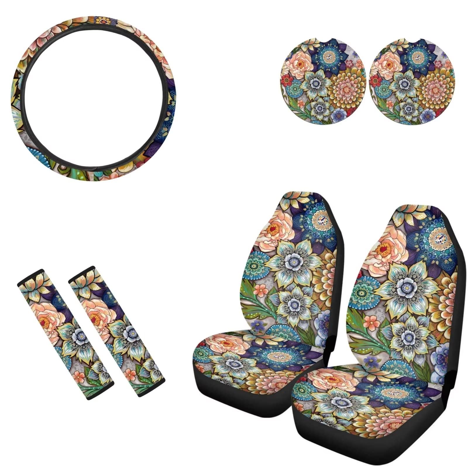 Binienty Set di 7 coprisedili anteriori colorati + coprivolante + cuscinetti per cinture di sicurezza + sottobicchieri portabicchieri Boho Flower Auto Interior Decor