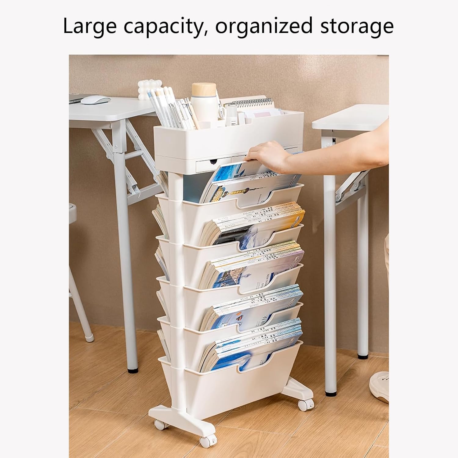 Mobile Bookshelf with Wheels, Multi-Functional Movable Storage Book Shelves with Lockable Casters for Study Office Kitchen Classroom