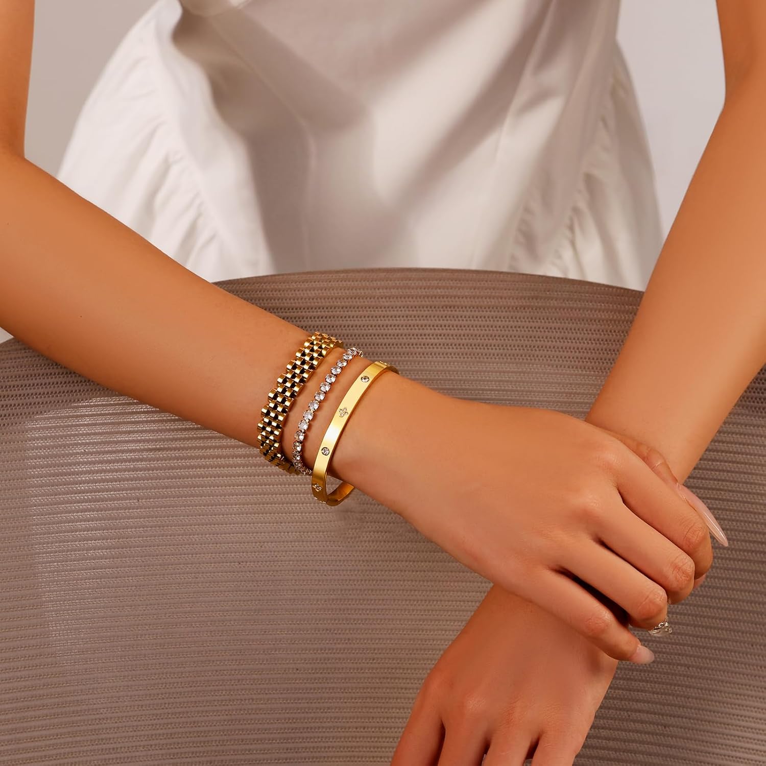 18K Gold Plated Bangle Bracelet Set for women,Cubic Zirconia Classic Stainless Steel Adjustable CZ Gold Tennis Love Bracelets Stack for women - Image 3