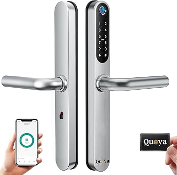 QUOYA D1 Smart Door Lock Handle, 75  Max Turning Angle, IP55 Waterproof, Keyless Keypad Entry, Slim Retrofit, Unlock Method Fingerprint, RFID keycard, Pin/Passcode, App, Mechanical Key, Silver