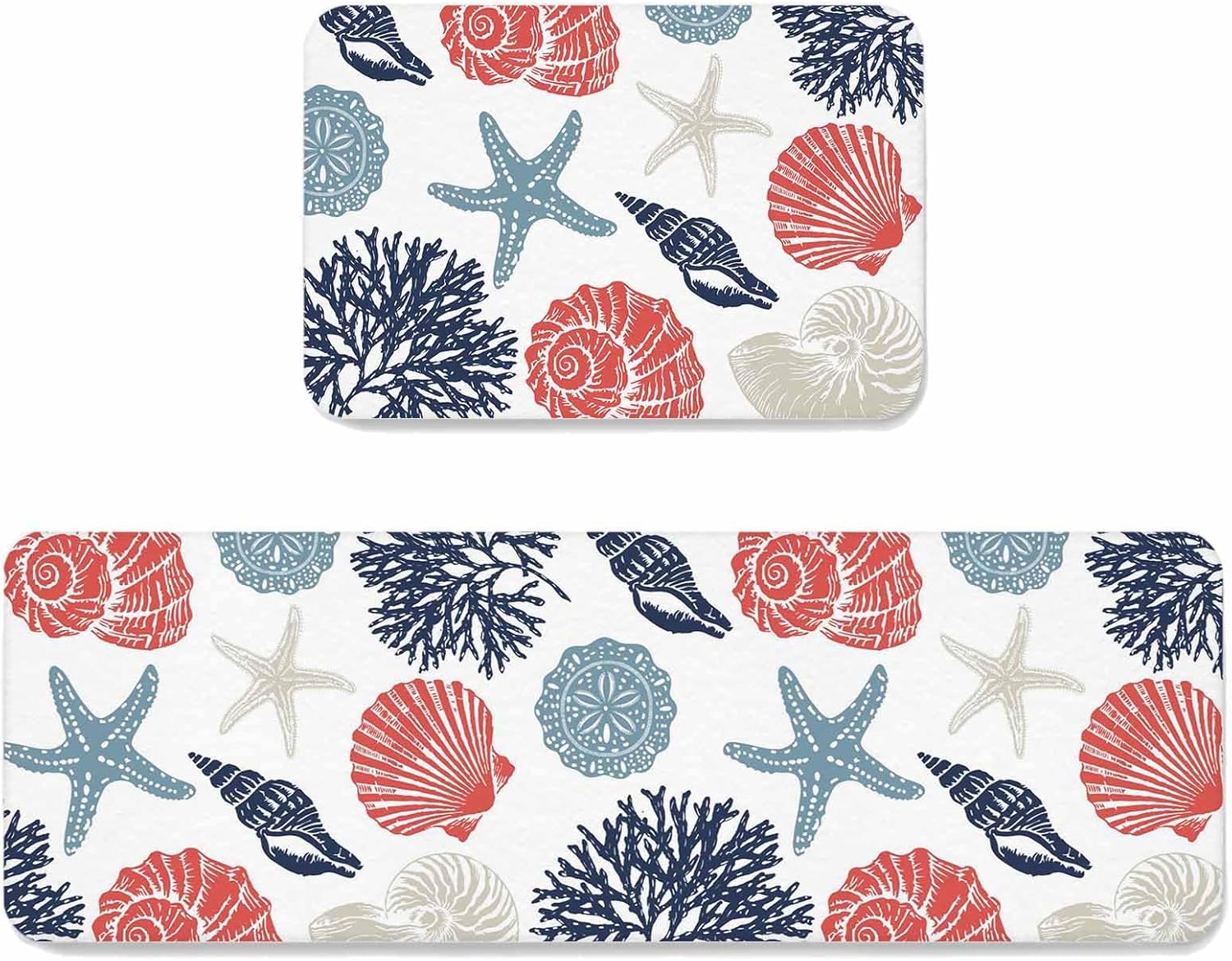 Summer Marine Life Kitchen Mats Set of 2 Graffiti Red Corals Shell Conch Blue Starfish Non Slip Mat Washable Floor Rug for Kitchen Sink Floor Laundry, 19.7"x31.5"+19.7"x47.2"
