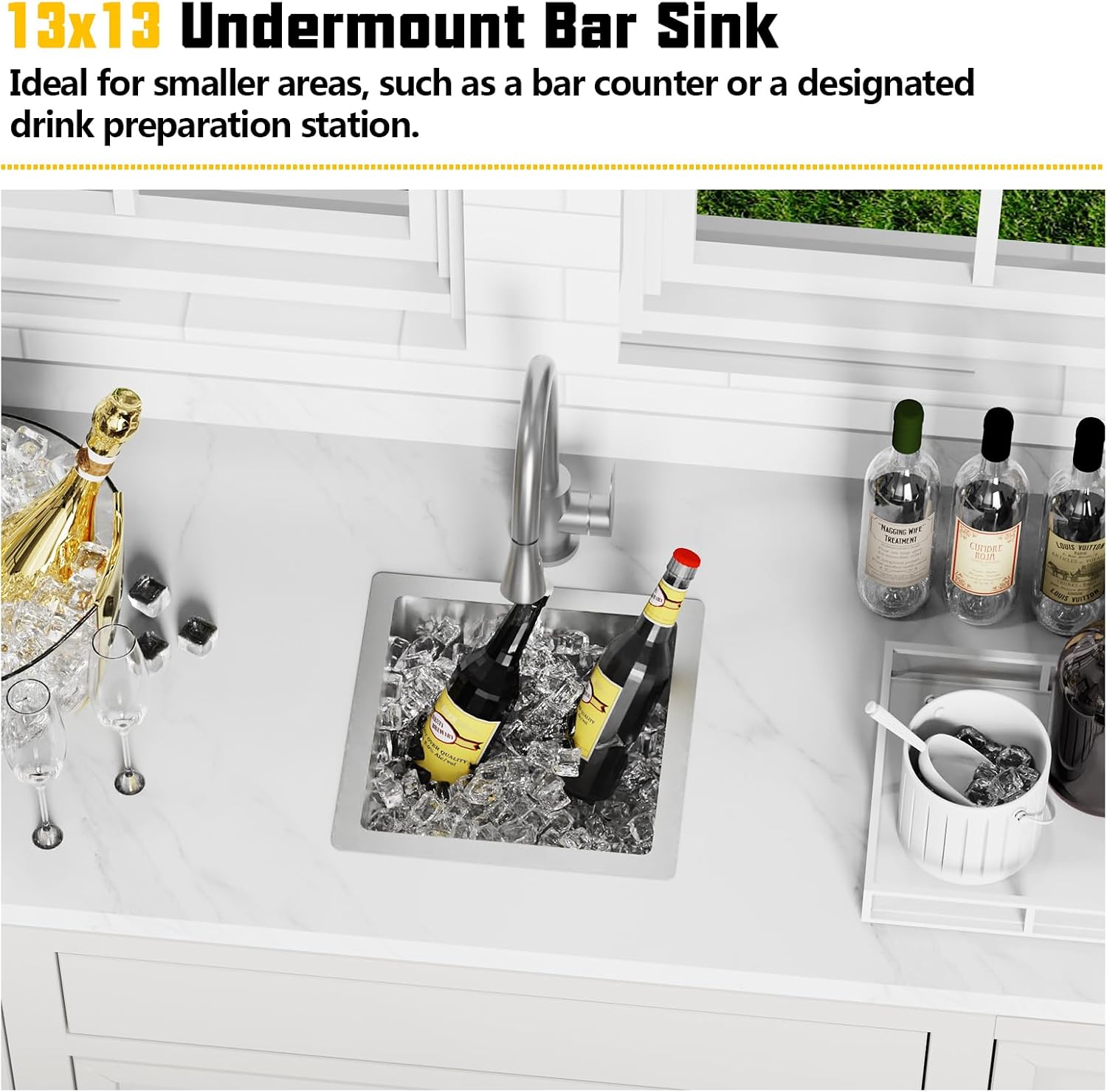 13x13In Stainless Steel Kitchen And Bar Sink - Small Undermount Single Bowl Drop In Staylish Kitchen&Bar Sink Ideal Choice For Small Space, Prep Area, RV With Bottom Grid,Soap Mat And Drain Assembly