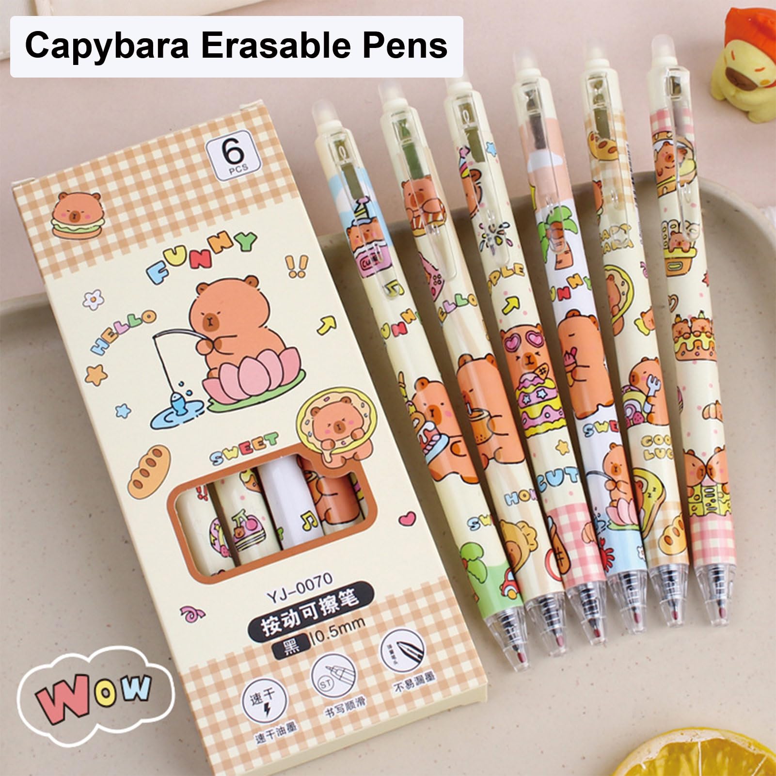 6 Pcs Cute Erasable Retractable Pens Capybara Erasable Pen 0 5mm Fine Point Black Ink Writing Pen Office — view 2