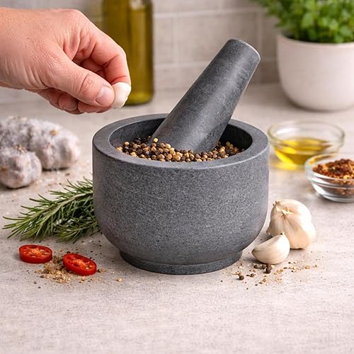 Miniatura 4 de Juego de mortero y mano de piedra de mármol, para moler especias, preparar pesto, machacar hierbas, triturar pastillas, tamaño regular (mortero de