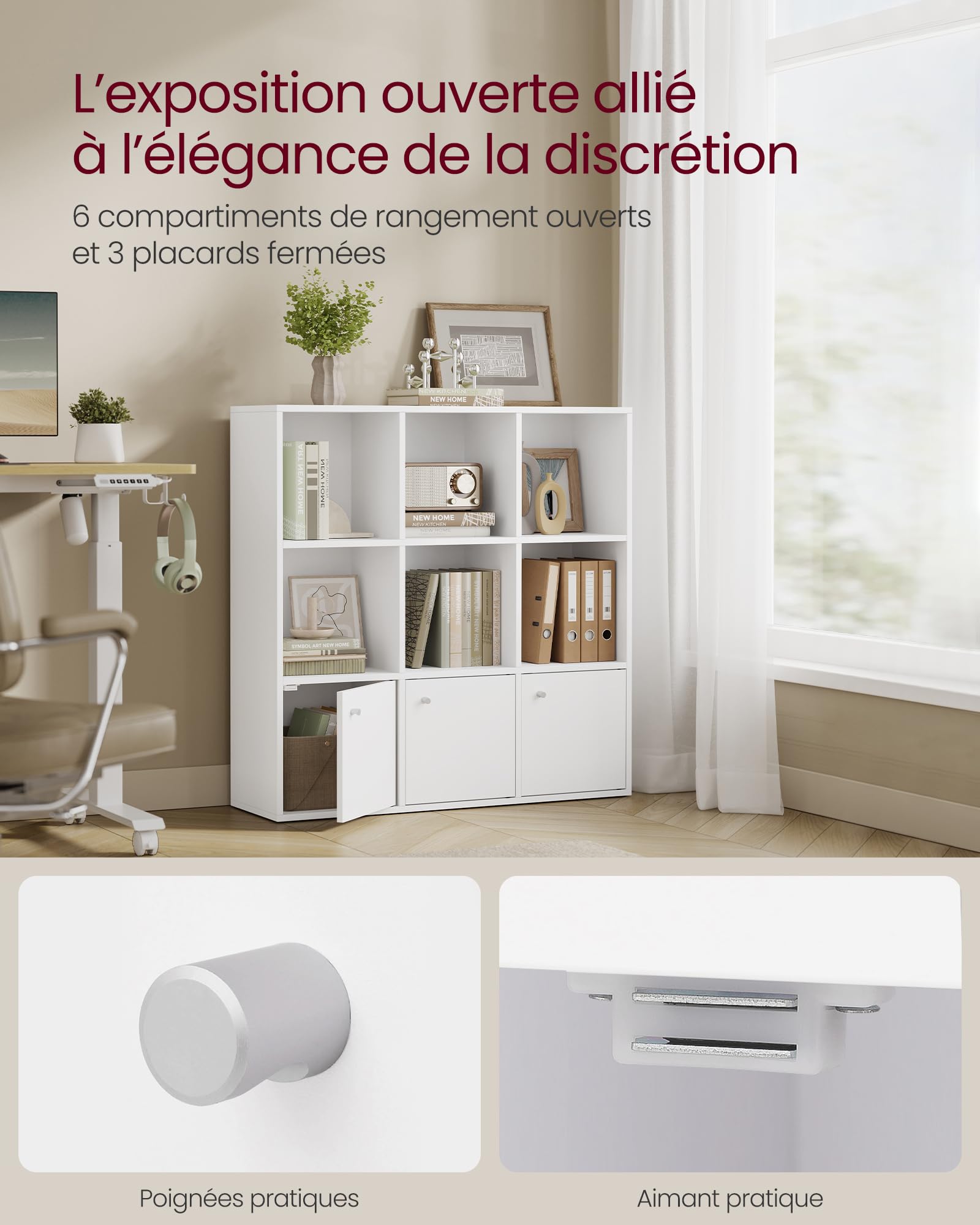 VASAGLE Custos Collection - Bibliothèque, Étagère, Meuble de Rangement, Armoire, 3 Placards avec Portes en Bas, pour Salon, Chambre, Chambre d'enfant, Bureau, Moderne, Blanc LBC33WTV1