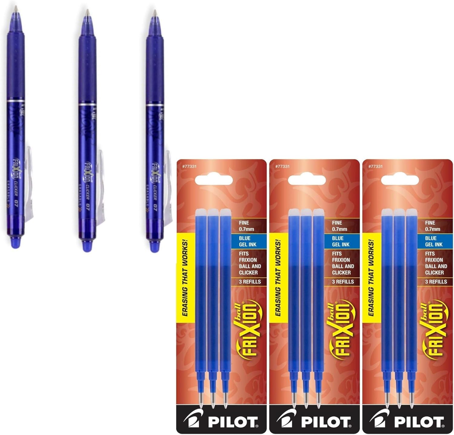 Cargas de tinta gel Pilot para bolígrafo borrable FriXion, punta fina, tinta azul, pack de 3