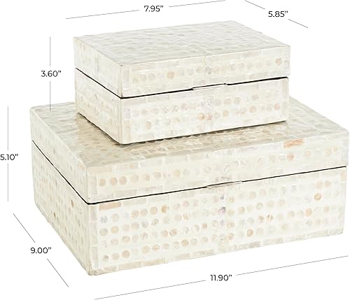 Miniatura 3 de Deco 79 Caja decorativa geométrica hecha a mano con concha de nácar, caja decorativa de recuerdos con detalles marrones, juego de 2 cajas de
