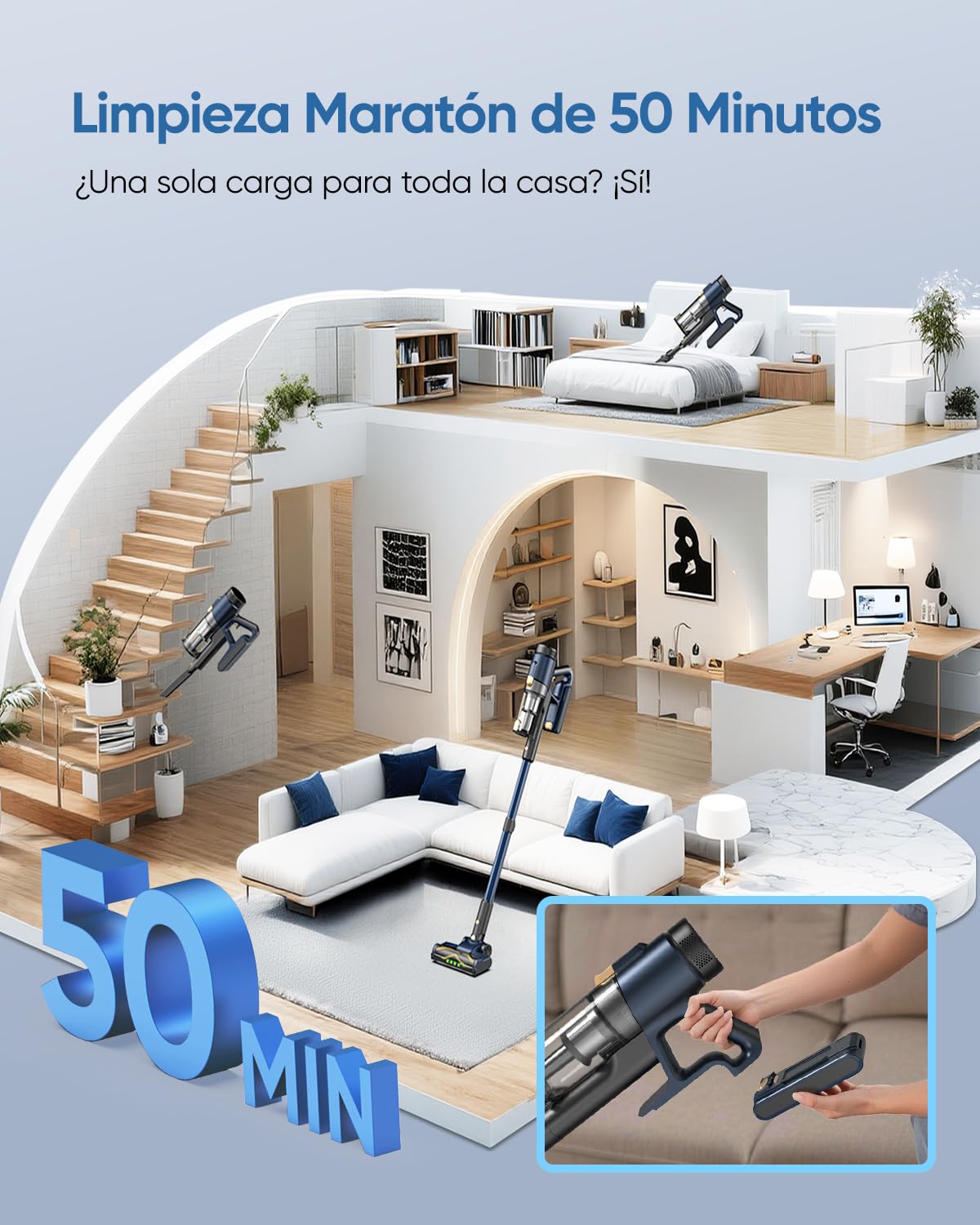 Vexilar Aspiradora sin Cable V12,Potente Succión 58KPa, Aspiradora Antienredos, Autonomía 50 Minutos, Filtración de 5 Etapas,Escoba Aspirador sin Cable para Suelo/Alfombra/Pelo de Mascotas/Coche