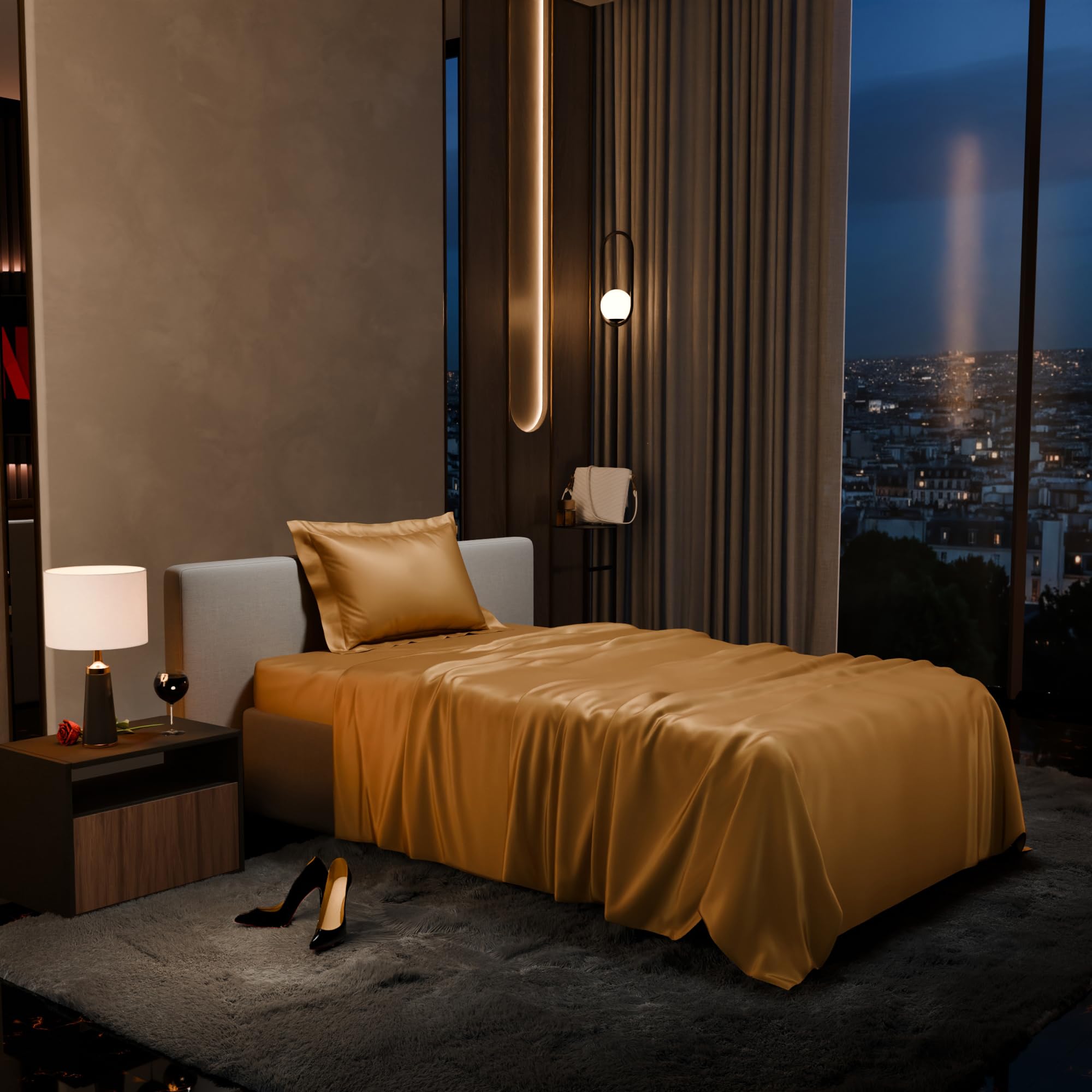 Stoa Paris Single Bedsheet with 1 Pillow Cover, 300TC Satin Premium Bedding Set, Home Decor, Wedding Gift for Couples, Housewarming, Anniversary, Date Night - Eternal Glow Gold