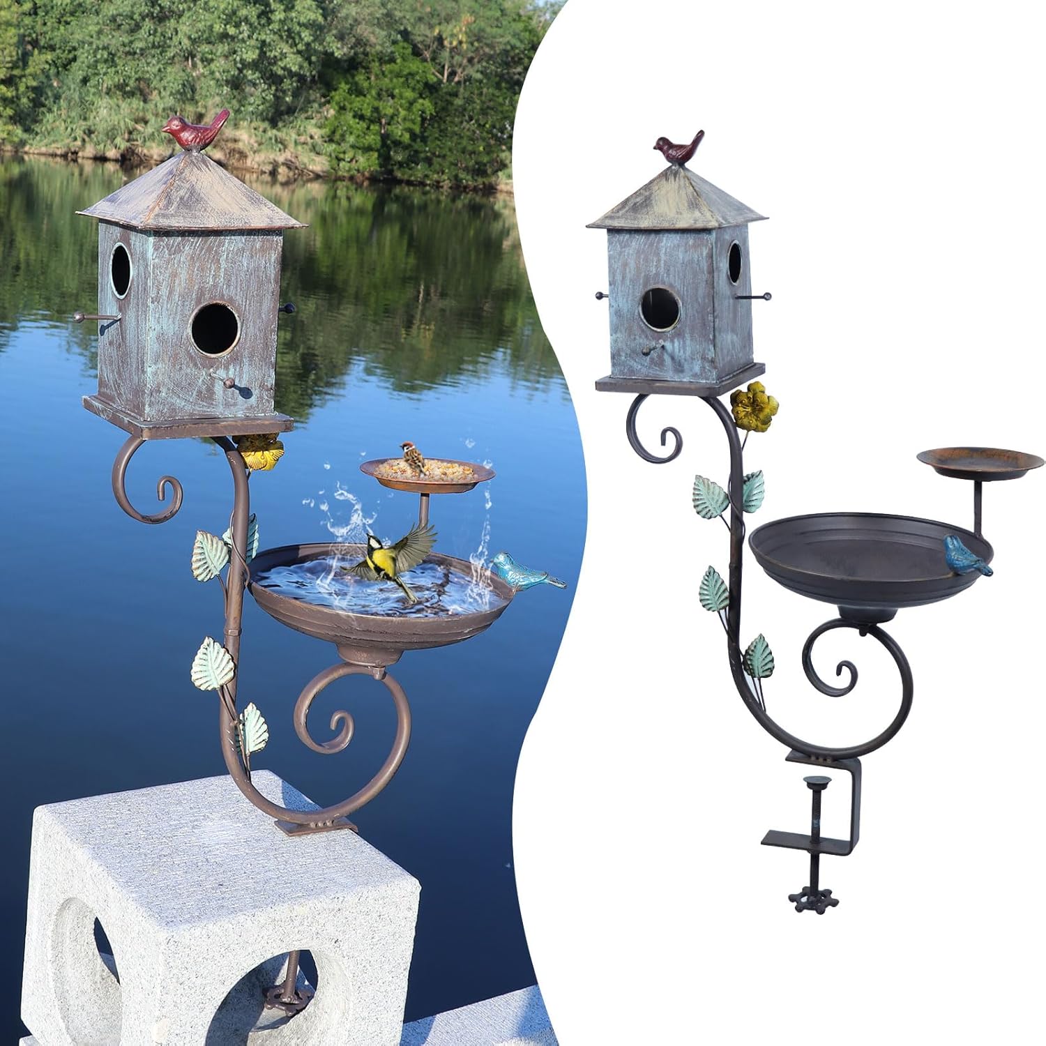 Deck Bird Bath, 3 in 1 Metal Bird Bath and Bird Houses, Decorative Deck Mounted Bird Baths, Detachable and Adjustable Sturdy Deck Bird Bath for Outdoor Porch Yard Garden Decoration