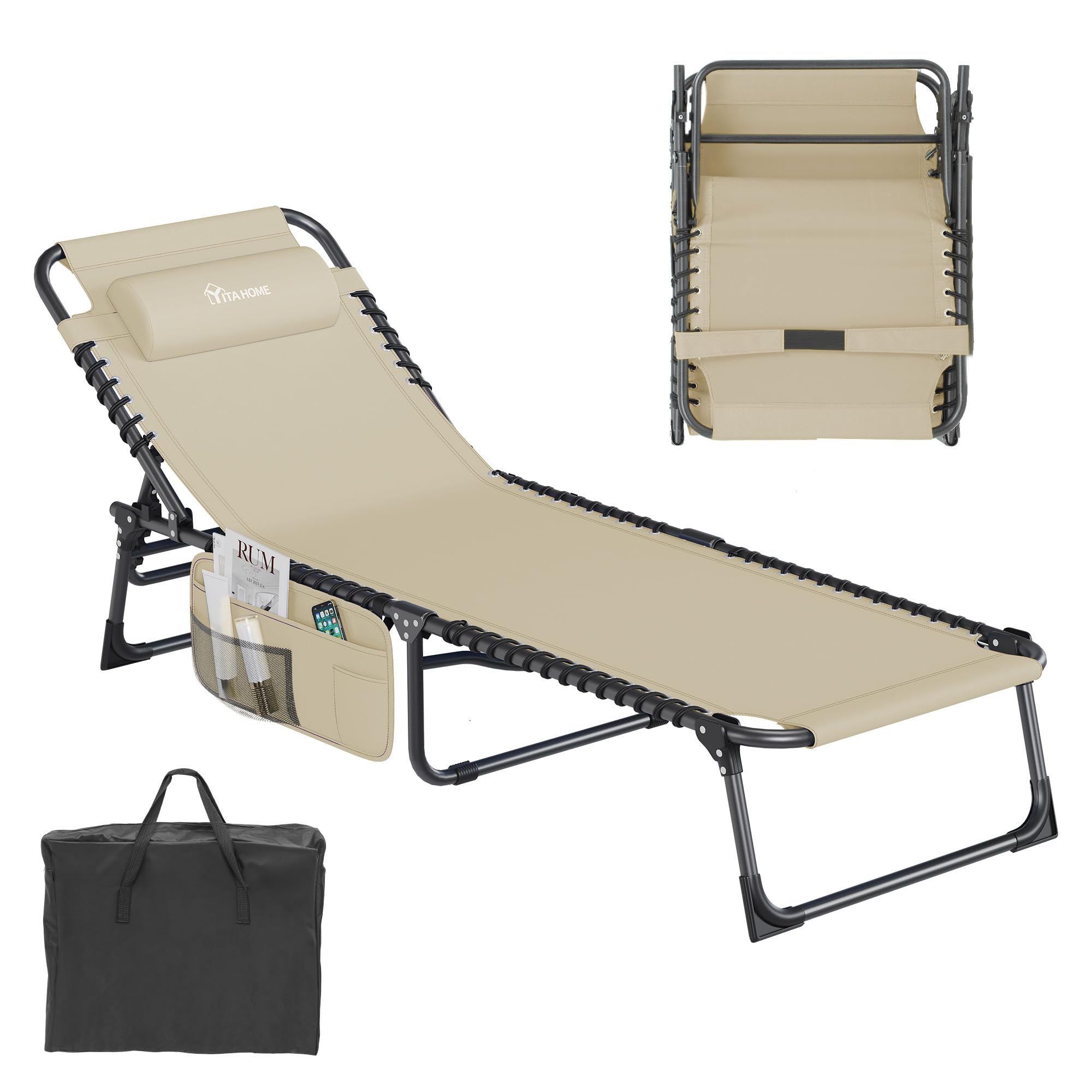 YITAHOME Patio Lounge Chair, Portable Reclining Chairse Lounge Folding Camping Cot 5 Posistion Adjustable w/Head Pillow & Portable Handbag for Camping, Pool, Beach and Patio, Beige