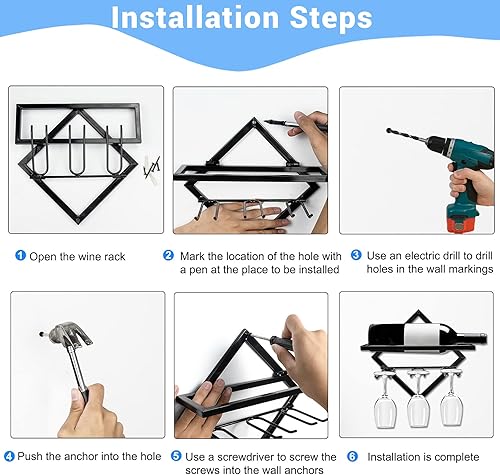 Vista 3 de AUHOKY Soporte de metal para vino montado en la pared, estante de vidrio plegable para colgar vino tinto con 3 soportes para vidrio de vástago