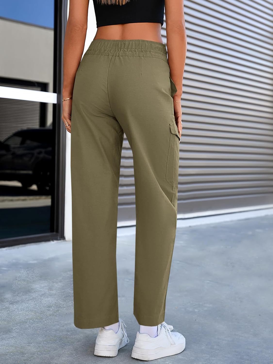 Cicy Bell Womens Cotton Cargo Pants Low Rise Drawstring Waist Wide Leg Casual Hiking Pants with Multiple Pockets Army Green - Image 3