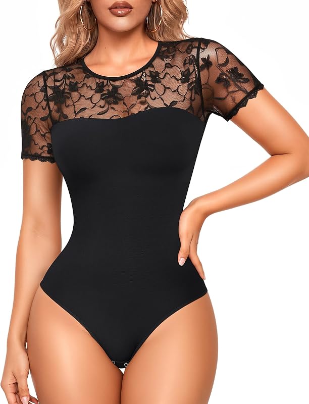 Lace Bodysuit Shapewear for Women Short Sleeve Thong Body Suit