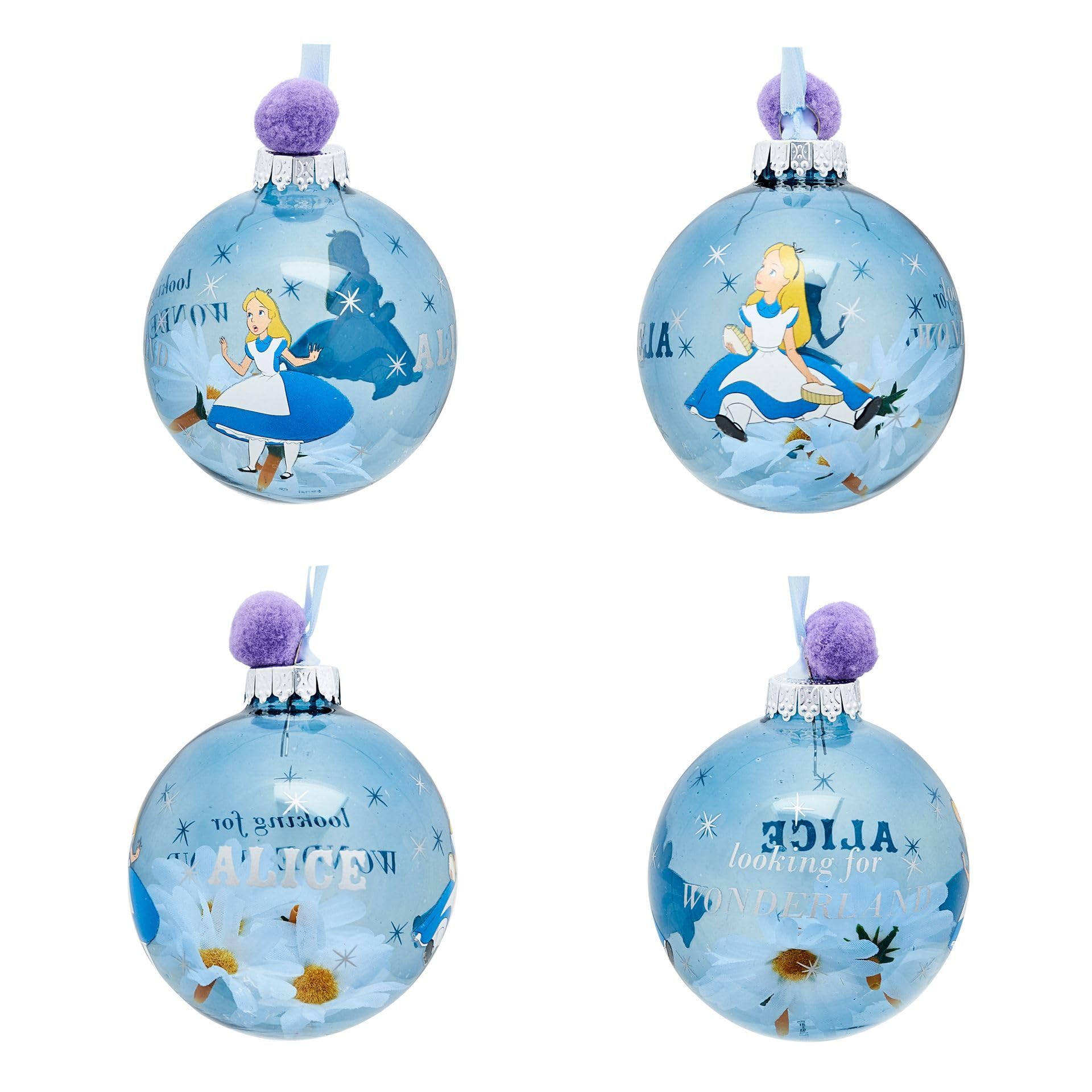 Disney – Lot de 7 boules de Noël – Alice, chat du Cheshire, Chapelier fou, lapin blanc, reine des roses, Tweedle Dee & Dum, Lapin de Pâques – Produit sous licence