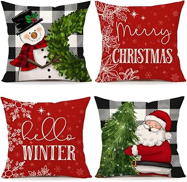 4TH Emotion Buffalo Check Christmas Pillow Covers 18x18 Set of 4 Farmhouse Xmas Decorations Snowman Wreath Santa Claus Tree Hello Winter Holiday Decor Throw Cushion Case for Home Couch S22C37