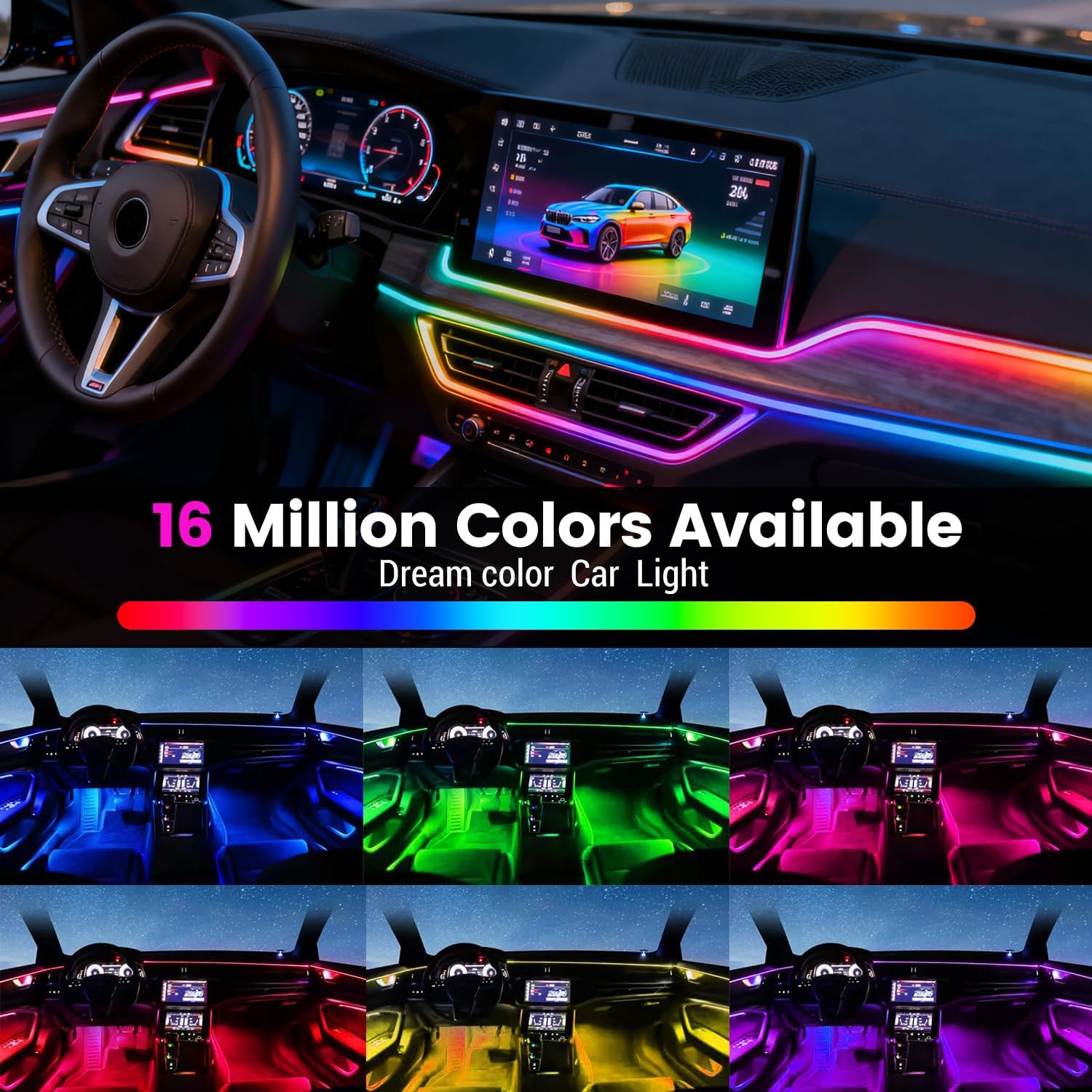 Dream Color Acrylic Interior Car Ambient Light Kit, Bphuny 30 in 1 593 LEDs Fiber Optic Multiple Modes Decoration Atmosphere Lights with Music Dynamic Rainbow Rhythm, RGB Neon Lights for All Cars