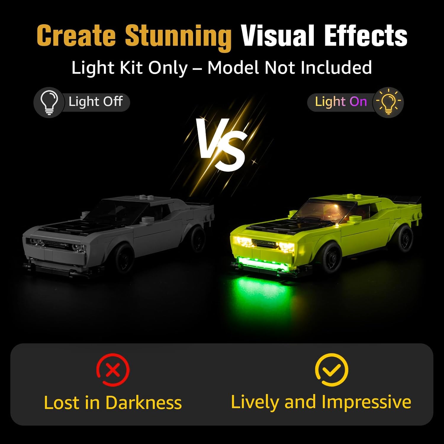 Comparison of Lego model with lights off versus lights on