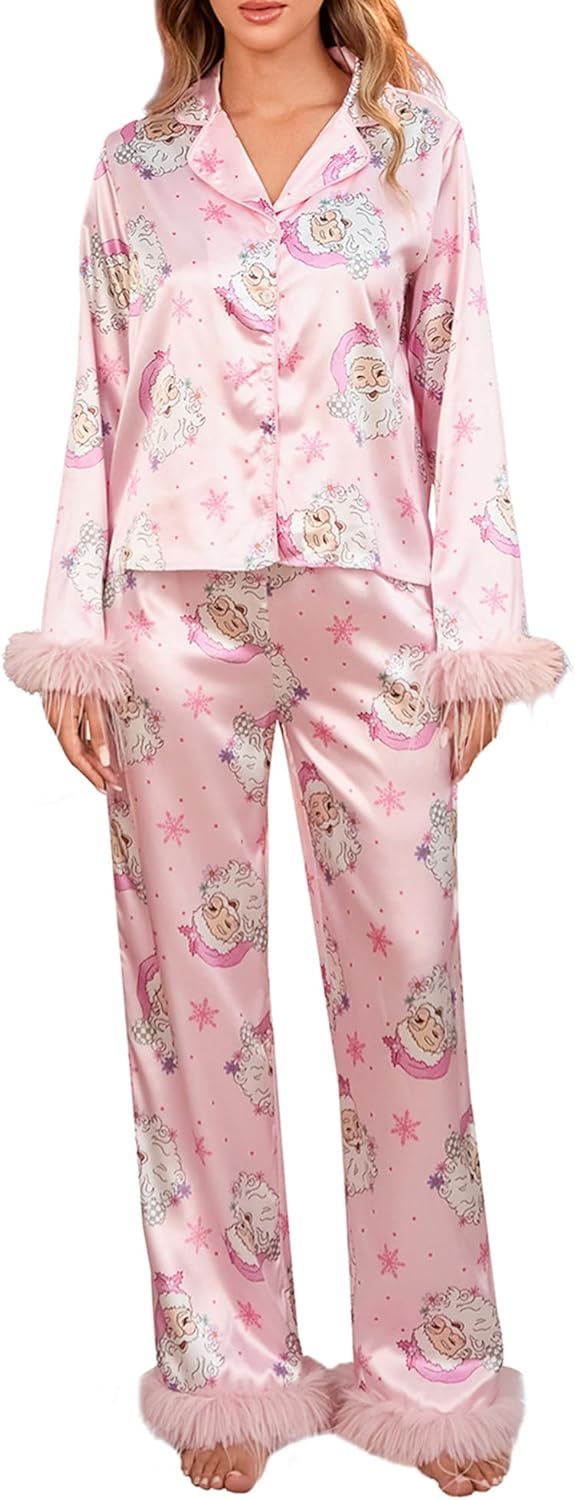 Christmas Pajamas Set for Women 2 Piece Outfits Cute Santa Claus Pjs Button Up Shirt and Pants Streetwear