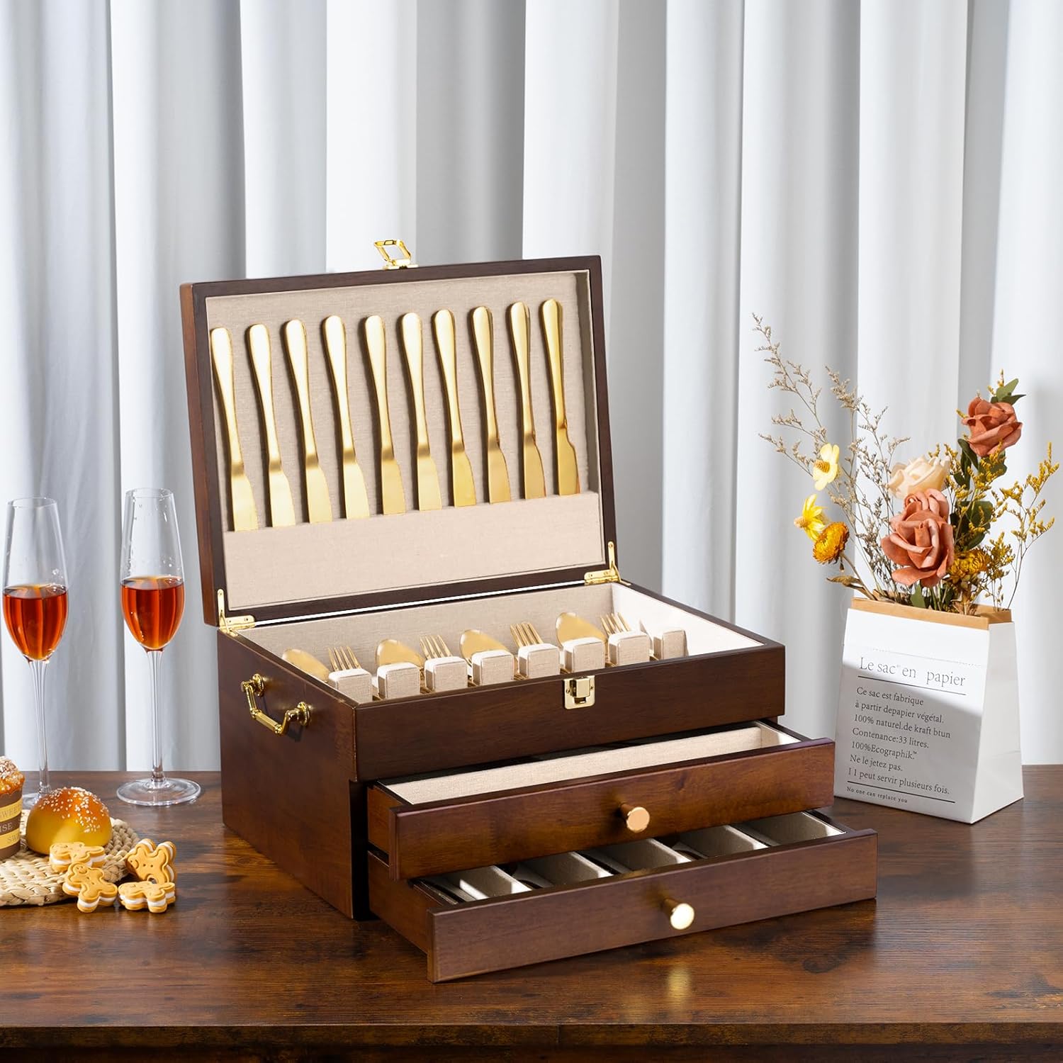 Silverware Storage Box, 3-Layer Flatware Storage Case with Drawer, Wooden Silverware Chest with Handle and Linen Liner, Rustic Silverware Case for Storing Fine Flatware and Utensils (Walnut) - Image 2