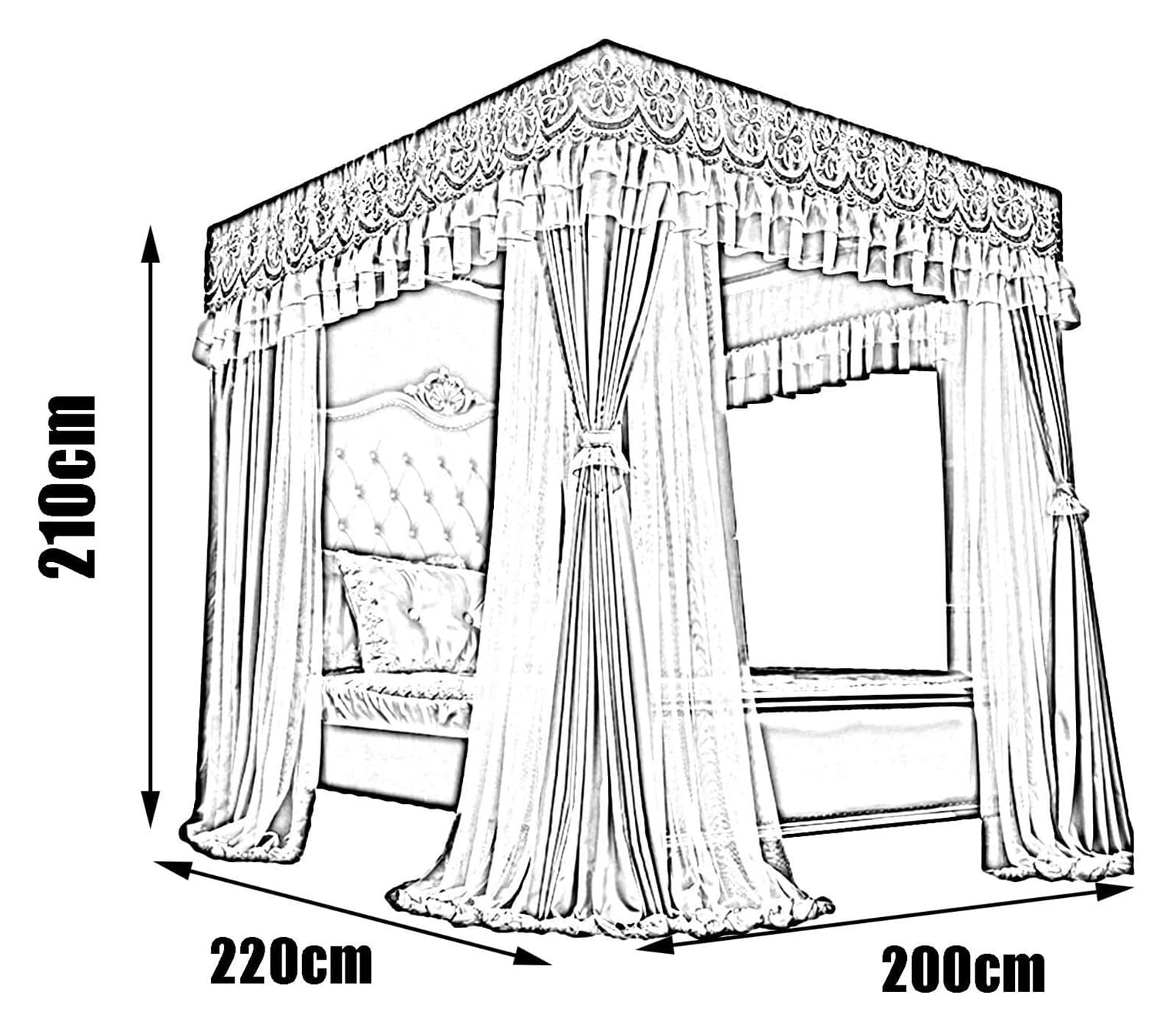 Moskitonetz Bett for Doppelbetten, luxuriöser 4-Pfosten-Betthimmel im Schienenstil, 360° umwickeltes Bettvorhang-Moskitonetz(200x220x210cm)