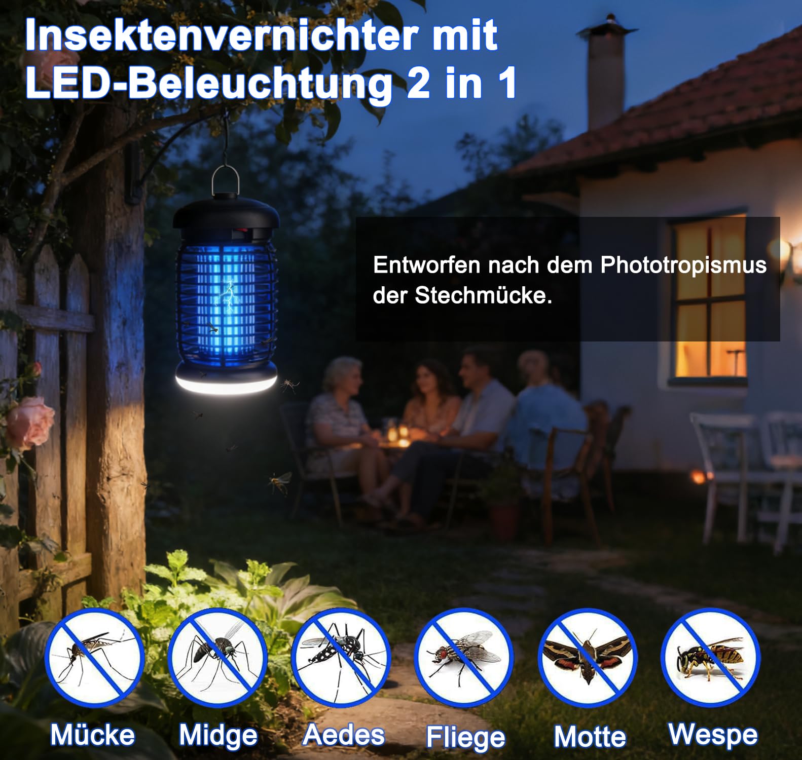 Insektenvernichter elektrisch LED-Beleuchtung, 4200V 15W UV Mückenlampe, Fliegenfalle elektrisch mückenfalle mottenfalle für Innen Außen, IPX4 wasserdicht, Sicher, ungiftig & Geruchsneutral