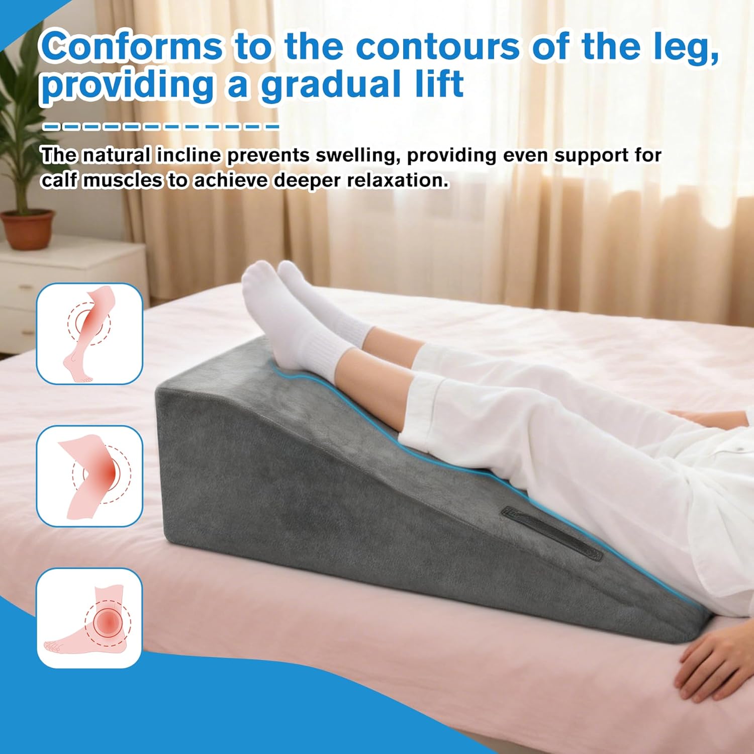 Leg Elevation Pillow, Trapezoidal Foot Elevation Pillow for Elevation for Swelling, Blood Circulation Support with Handle and Removable Cover (Grey)