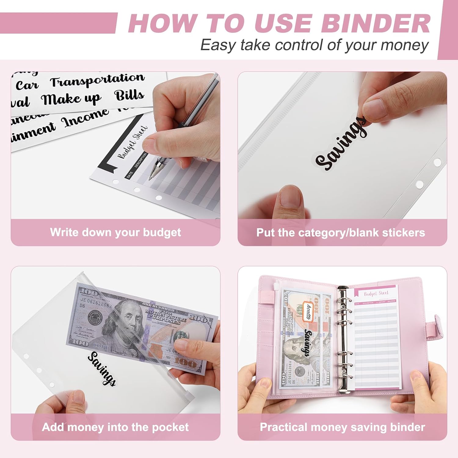 Budget Binder with Zipper Envelopes, Money Organizer for Cash, 28Pcs Budget Binder with Cash Envelopes (Shiny Pink) image 5
