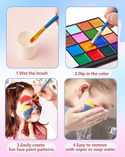 Vista 5 de Lictin Pintura facial a base de agua, kit de pintura facial de 18 colores con plantillas y pinceles, kit de maquillaje de Halloween para adultos