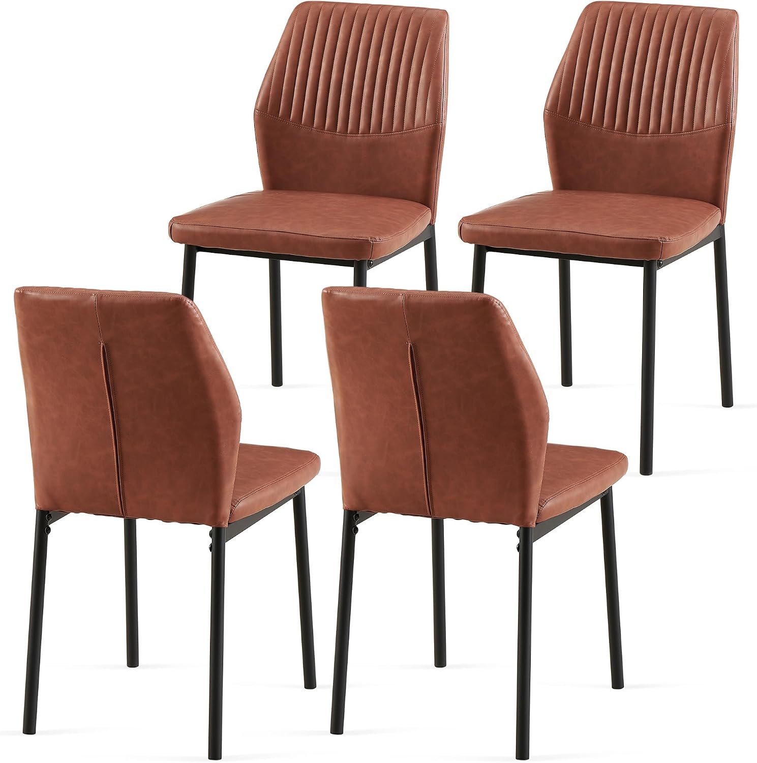 Dining Chairs Set of 4, Brown PU Leather Dining Chairs, Comfortable Upholstered Armless Kitchen Chairs with Black Metal Legs for Living Room, Dining Room, Kitchen