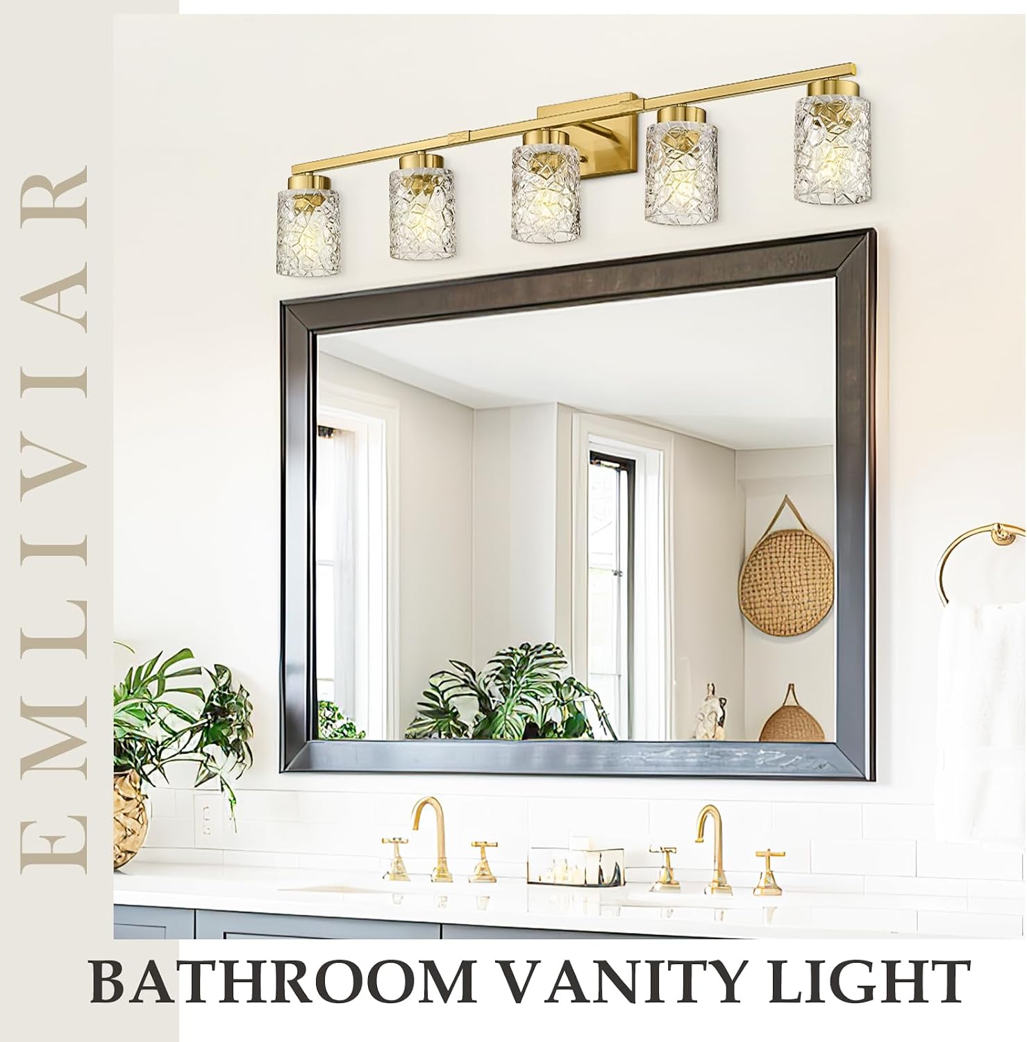 Emliviar 5-Light Brushed Gold Vanity Light with Clear Geometric Glass, 5 Bulb Wall Light Fixture Over Mirror 40 Inch, HE294B-5W BG