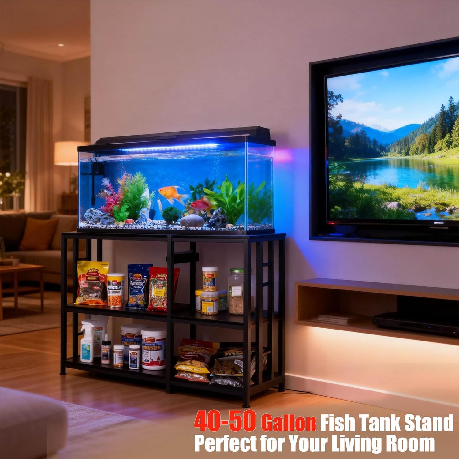 FAHKNS 40 50 Gallon Aquarium Stand 36x18 Inch Heavy Duty 750lbs Capacity, 3-Tier Black Adjustable Shelf Steel Frame Fish Tank Stand with Power Outlet Suitable for Home Office