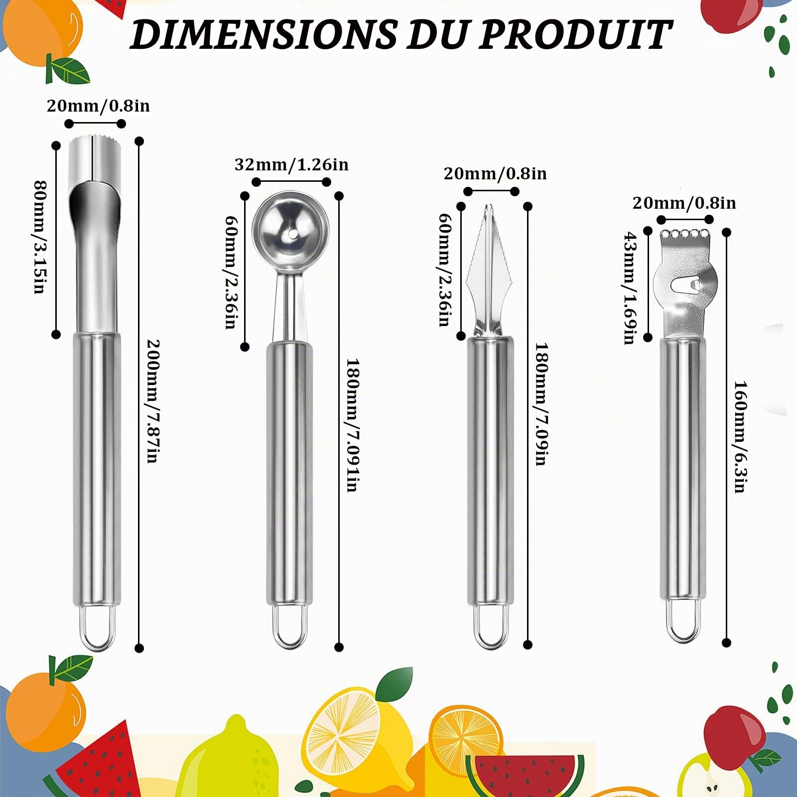 LPZMPZ Vide Pomme CuillèRe à Boule de Melon Couteau Boule à DéCouper Trognon Ensemble D'Outils pour Cantaloup Fruits en Acier Inoxydable 4 en 1 la Cuisine Diy Fruit