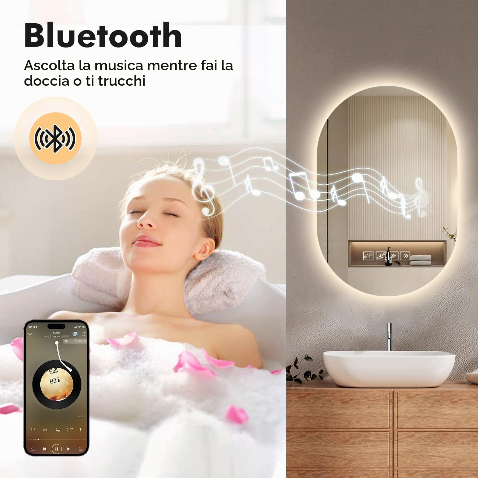 Specchio Bagno con Luce, 75x50cm, Specchio Smart con Antiappannamento, Memoria e Dimmerabile, Bluetooth per Musica, Tasto a Sè, Installazione Orizzontale o Verticale