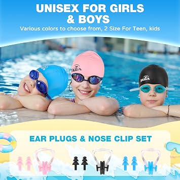 Swim Cap Kids for Long Hair, 2 Pack Silicone Swimming Cap for Boys Girls Aged 3-15, Durable Kids Swim Cap Short Hair, Fit Waterproof Swim Caps for Kids Toddler, with Ear Plugs & Nose Clip