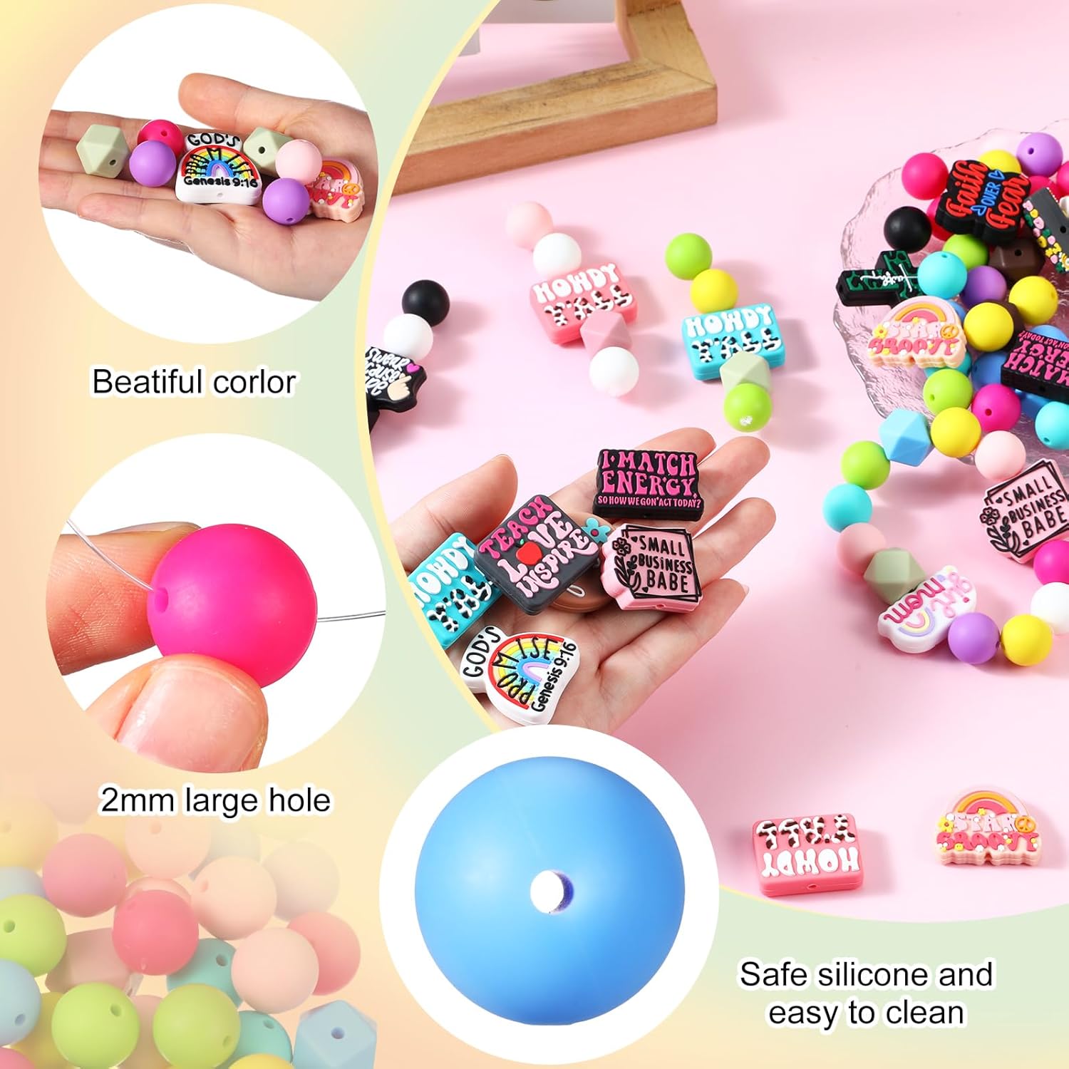 Landical 100 Pcs Silicone Beads for Pens Keychain Making 30 Pcs Focal Beads Bulk 70 Pcs Colorful Round Spacer Beads for DIY Gift Necklace Bracelet Jewelry(Inspire Theme)