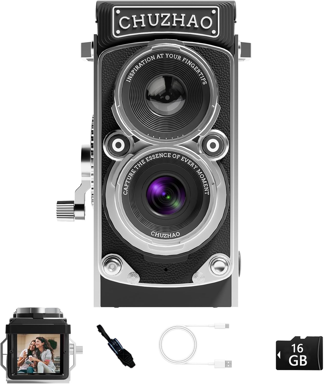 CHUZHAO Vintage Mini Digital Camera, Portable TLR Style Retro Point and Shoot Compact Small Pocket 1080P FHD Video 12MP Autofocus Vlogging Camera with 16 GB Card for Beginners Teens Adults Kids Black CHUZHAO Vintage Mini Digital Camera, Portable TLR Style Retro Point and Shoot Compact Small Pocket 1080P FHD Video 12MP Autofocus Vlogging Camera with 16 GB Card for Beginners Teens Adults Kids Black