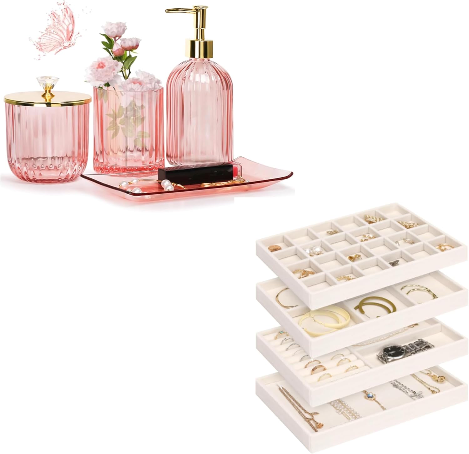 Jenseits Pink Bathroom Accessories Set, 4 Pcs Glass Bathroom Accessory Sets, Jenseits 4 Jewelry Organizer Drawer Insert, Stackable Velvet Jewelry Tray Organizer Display Case Storage Containers