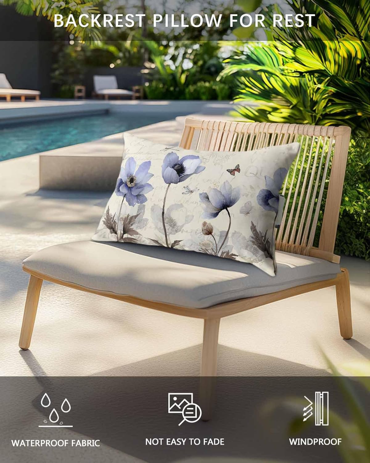 Elegant Blue Flower Outdoor Beach Chair Pillow Headrest for Chaise Lounge Chair, Retro Dragonfly Butterfly Recliner Head Pillow Waterproof Pillowcases with Elastic Stripes & Pillow Inserts 11x16,2 Pcs
