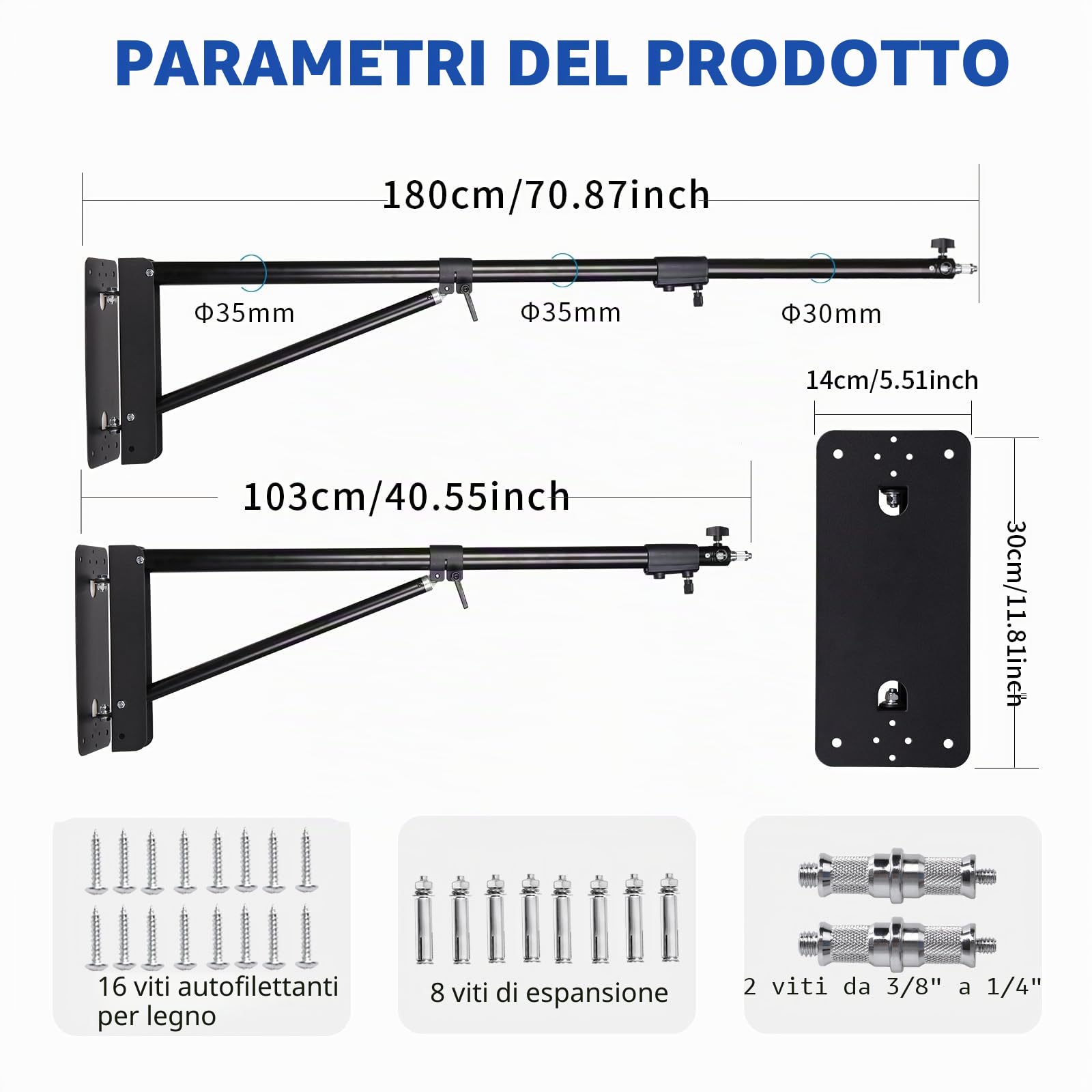 Confezione da 2 bracci triangolari per montaggio a parete, 180 cm, supporto per luce ad anello, supporto per luce da soffitto, rotazione flessibile a 180°, per luce video, flash, fotografia