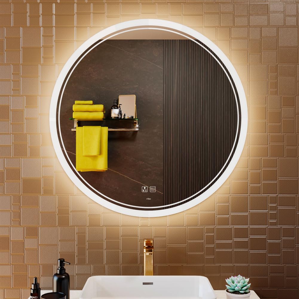 KWW Espejo de Tocador de Baño Circular LED Moderno a Gran Escala, Temperatura de Color Ajustable, luz Ajustable Antiniebla, Espejo Montado en la Pared Horizontal/Vertical (80_x_80_cm)