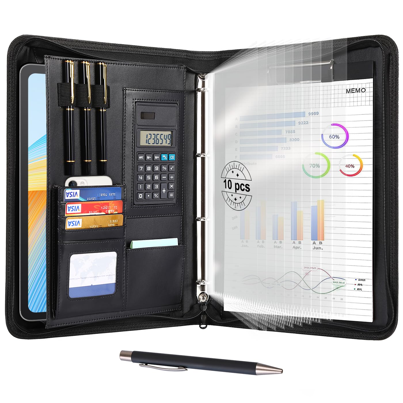 Cottoncode Portfolio Folder A4 Leather PU with Multi-Pockets 4-Ring Binder