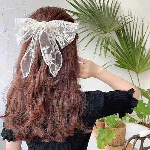 Large White Lace Hair Bow Clips For Women Cottagecore Hair Accessories Cute Tulle Bow Barrettes Women Ribbon Bows For Baby Girls Hair Bridal Off White #TOP3
