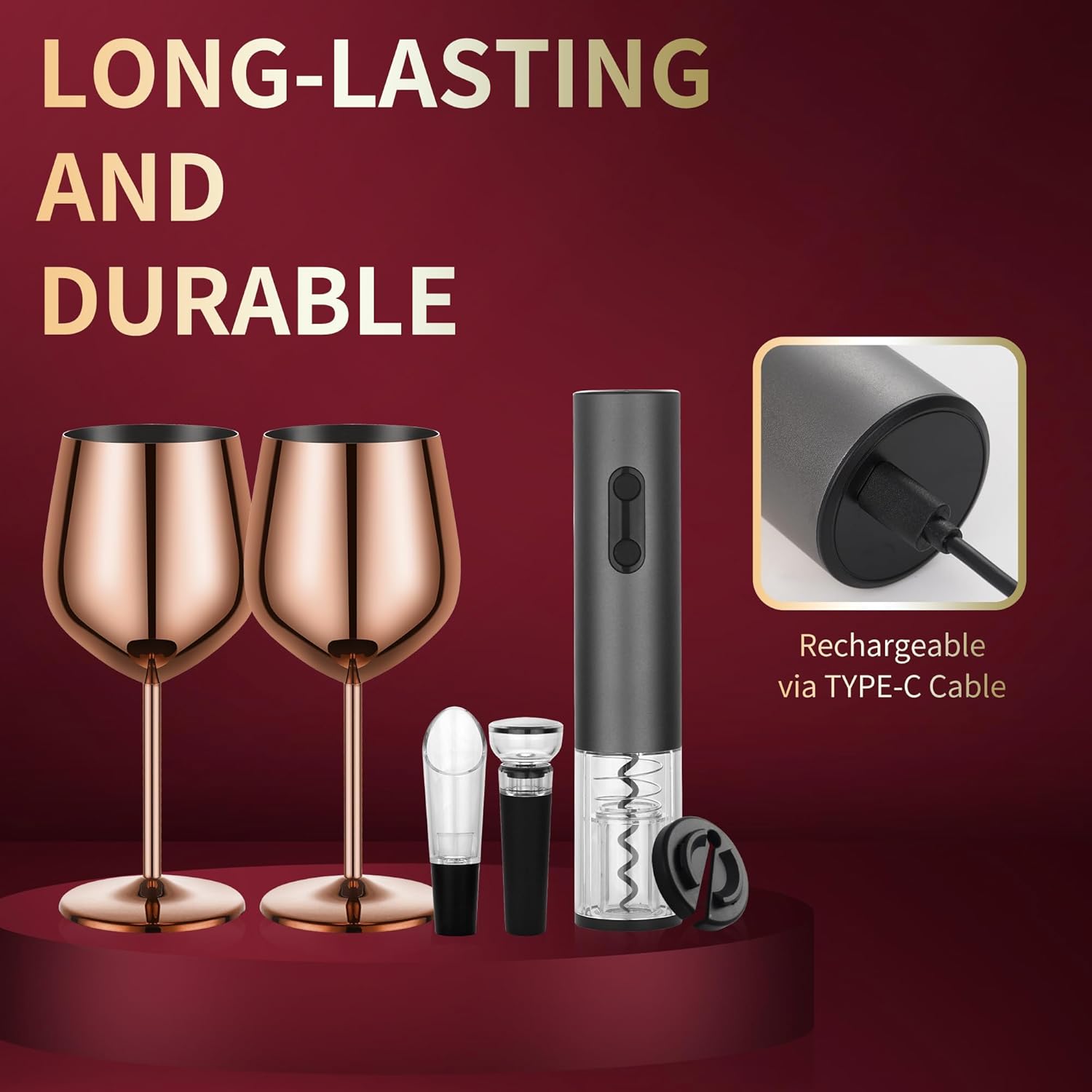 Wine Opener Electric Rechargeable, Automatic Corkscrew Kit, Including Stainless Steel Rose Gold Wine Goblet of 2, Metal Wine Glass, Ideal Gift for Wedding, Wine Lover, Birthday, Girl, Men