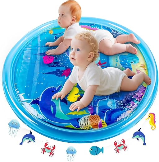 11 Ismael Extra Large Tummy Time Water Mat for Babies, Baby Water Blue Play Mat for Sensory Development, Inflatable Mat To...